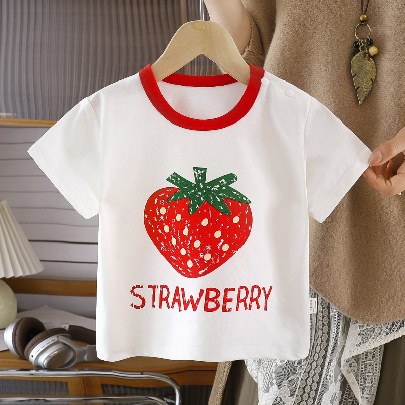 Tricou pentru copii cu mâneci scurte, 100% bumbac, vară 2026, stil coreean, imprimeu fructe și litere
