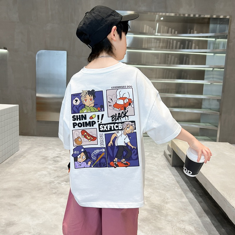 Tricou din bumbac pentru copii, mânecă scurtă, alb, vară 2024, guler rotund, pentru băieți între 7 și 12 ani