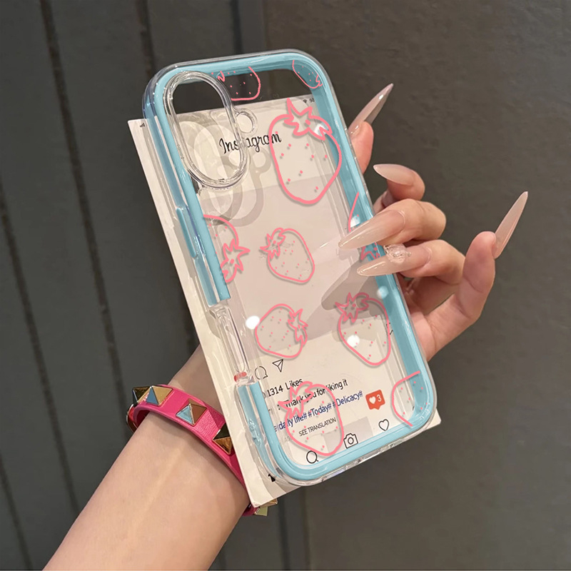 Funda din silicon pentru iPhone 16e/15 – 2 în 1 cu bloc de culoare căpșună, transparentă, compatibilă cu iPhone 14/13