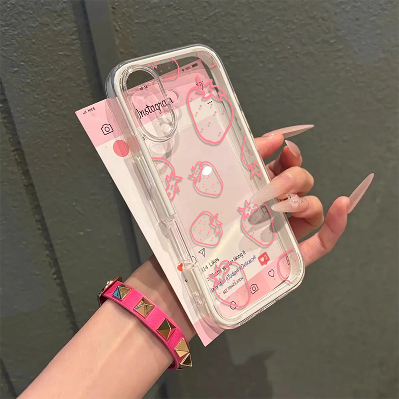 Funda din silicon pentru iPhone 16e/15 – 2 în 1 cu bloc de culoare căpșună, transparentă, compatibilă cu iPhone 14/13