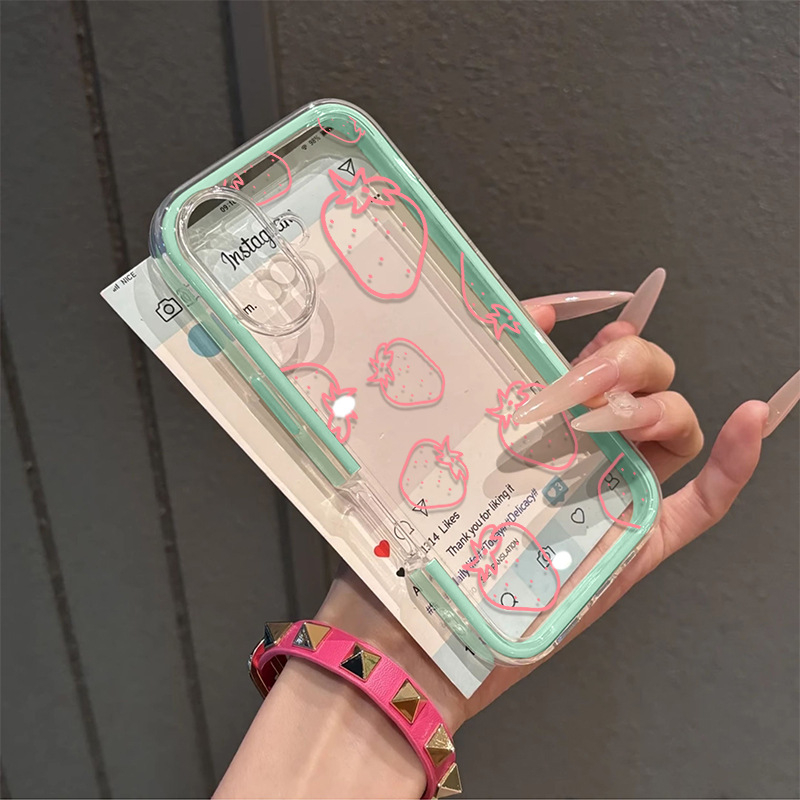Funda din silicon pentru iPhone 16e/15 – 2 în 1 cu bloc de culoare căpșună, transparentă, compatibilă cu iPhone 14/13