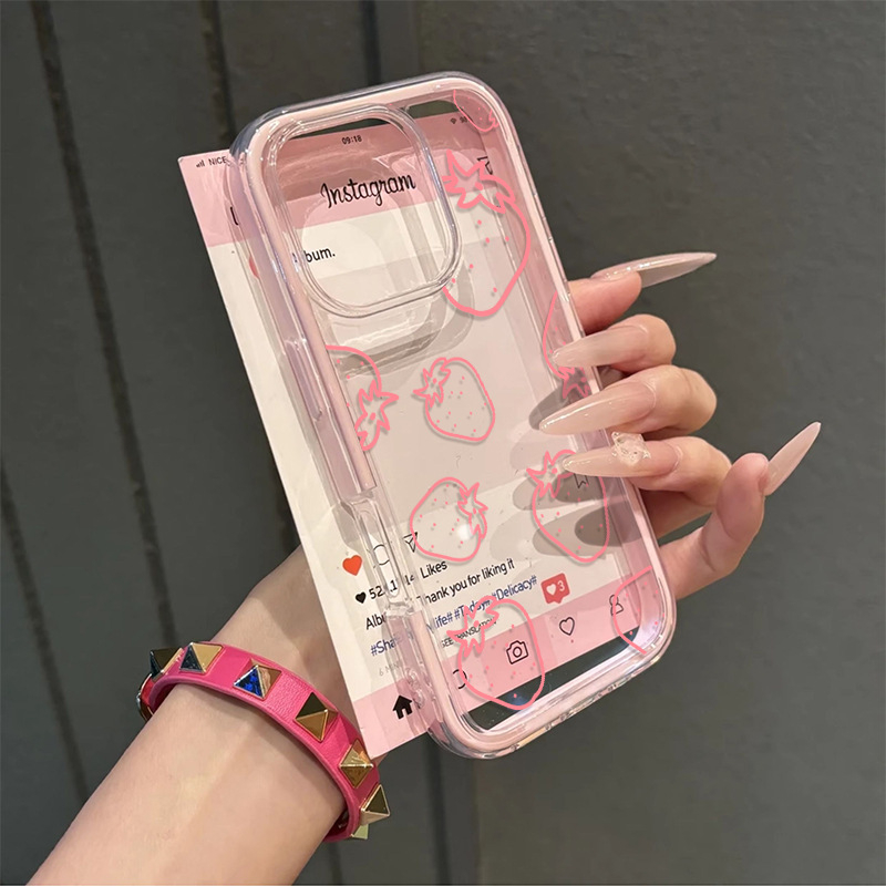 Funda din silicon pentru iPhone 16e/15 – 2 în 1 cu bloc de culoare căpșună, transparentă, compatibilă cu iPhone 14/13