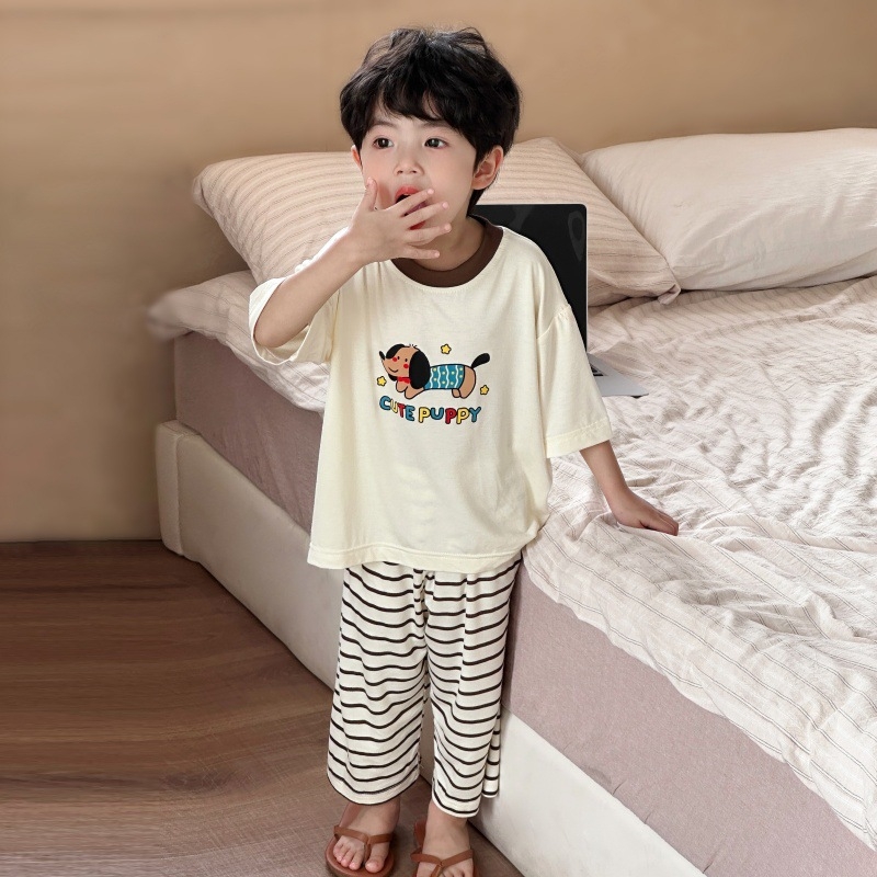 Set de pijamale pentru băieți, vară - Ice Silk ușor pentru homewear, mânecă scurtă, vara 2025