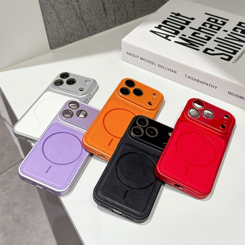 Carcasă cu textură de piele, magnetică, cu fereastră mare de vizualizare pentru iPhone 15/16/17 Pro Max