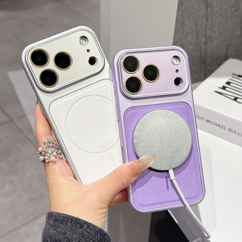 Carcasă cu textură de piele, magnetică, cu fereastră mare de vizualizare pentru iPhone 15/16/17 Pro Max