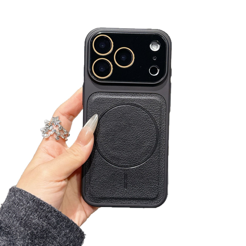 Carcasă cu textură de piele, magnetică, cu fereastră mare de vizualizare pentru iPhone 15/16/17 Pro Max