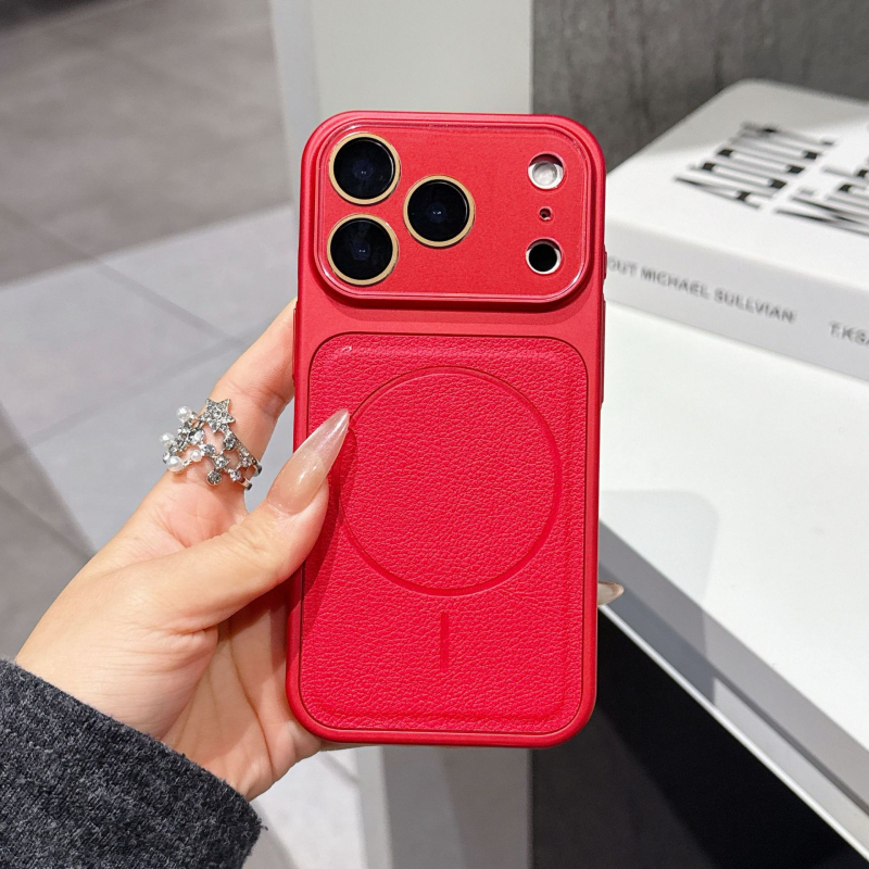 Carcasă cu textură de piele, magnetică, cu fereastră mare de vizualizare pentru iPhone 15/16/17 Pro Max