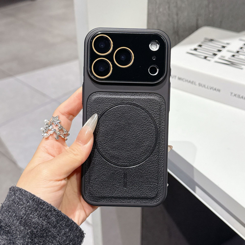 Carcasă cu textură de piele, magnetică, cu fereastră mare de vizualizare pentru iPhone 15/16/17 Pro Max