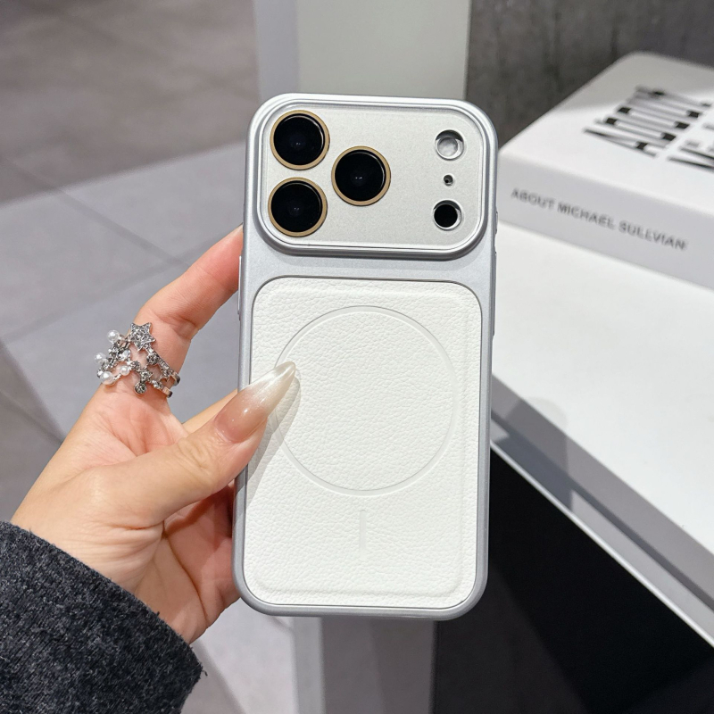 Carcasă cu textură de piele, magnetică, cu fereastră mare de vizualizare pentru iPhone 15/16/17 Pro Max