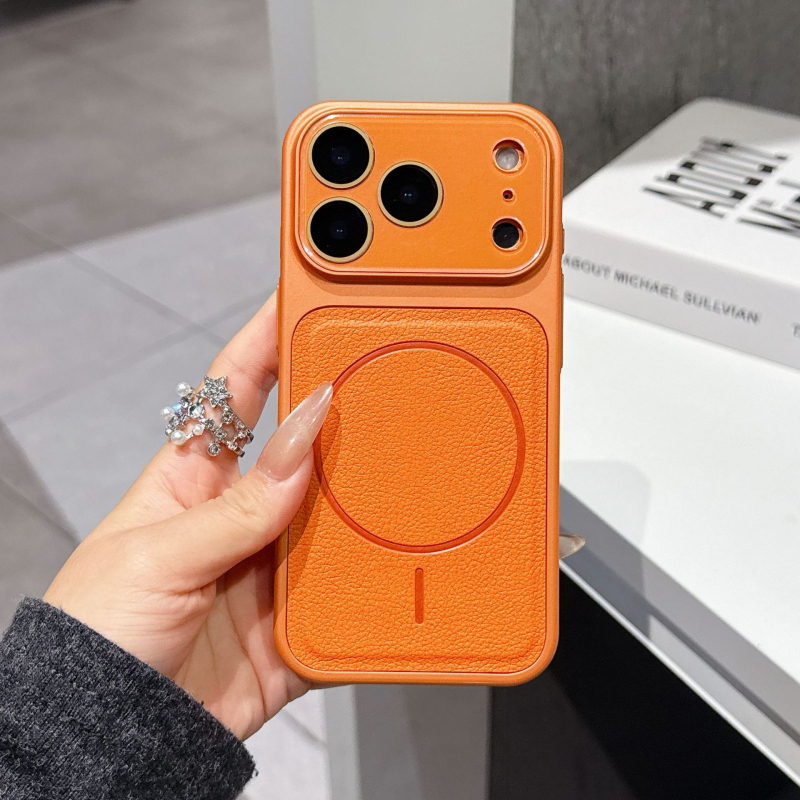 Carcasă cu textură de piele, magnetică, cu fereastră mare de vizualizare pentru iPhone 15/16/17 Pro Max