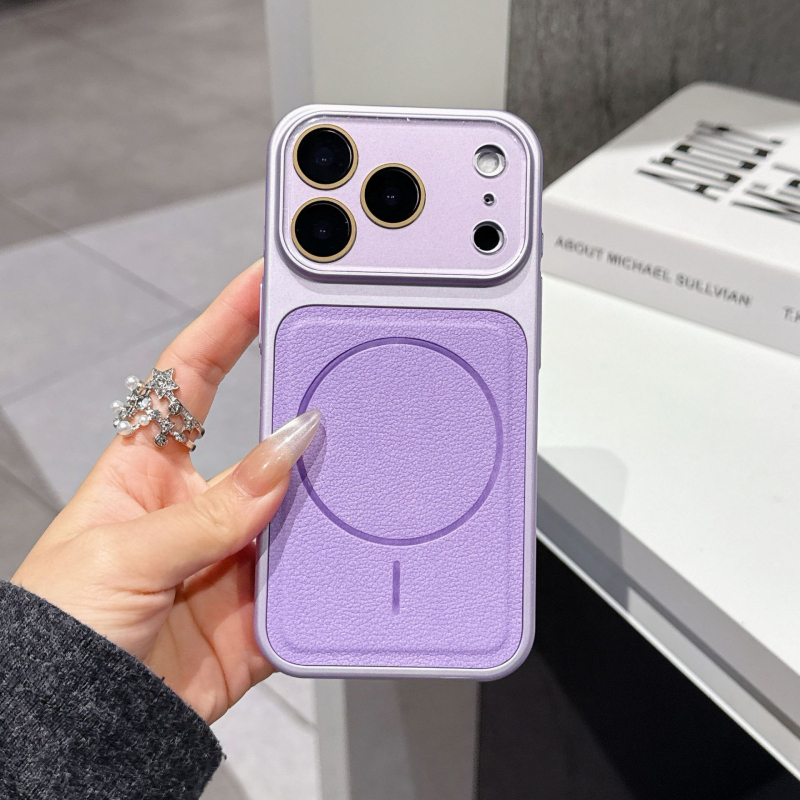 Carcasă cu textură de piele, magnetică, cu fereastră mare de vizualizare pentru iPhone 15/16/17 Pro Max
