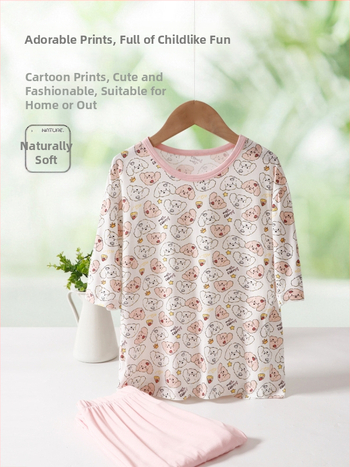 Set de pijamale de vară pentru copii, mâneci ¾, material Ecocos ușor și respirabil, pijama cu senzație răcoroasă, Clasa A