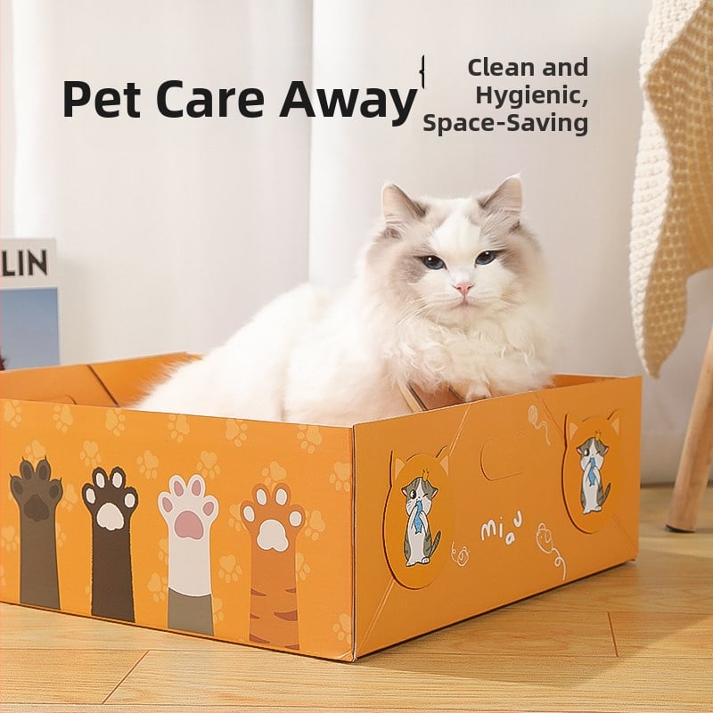 Cutie de nisip pentru pisici, de unică folosință, anti-strop, extra-large, pliabilă și portabilă, semi-închisă, pătrată, din carton