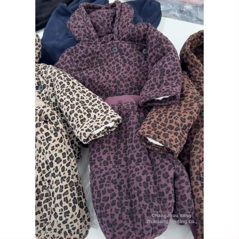 Set pentru copii cu glugă din bumbac, căptușit cu fleece, imprimeu leopard, pentru toate anotimpurile
