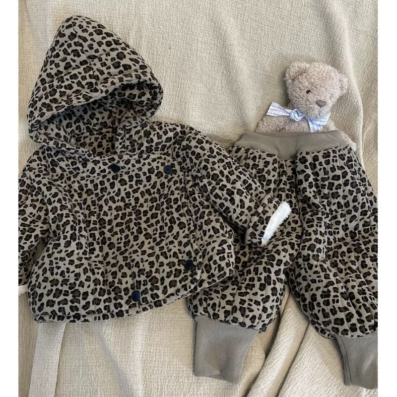 Set pentru copii cu glugă din bumbac, căptușit cu fleece, imprimeu leopard, pentru toate anotimpurile