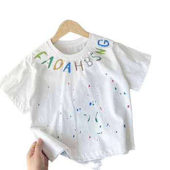 Tricou scurt pentru copii, alb, vară 2025, din bumbac ușor, imprimeu cu puncte colorate, evacuează umezeala, pentru copii 3–8 ani (100–140 cm)