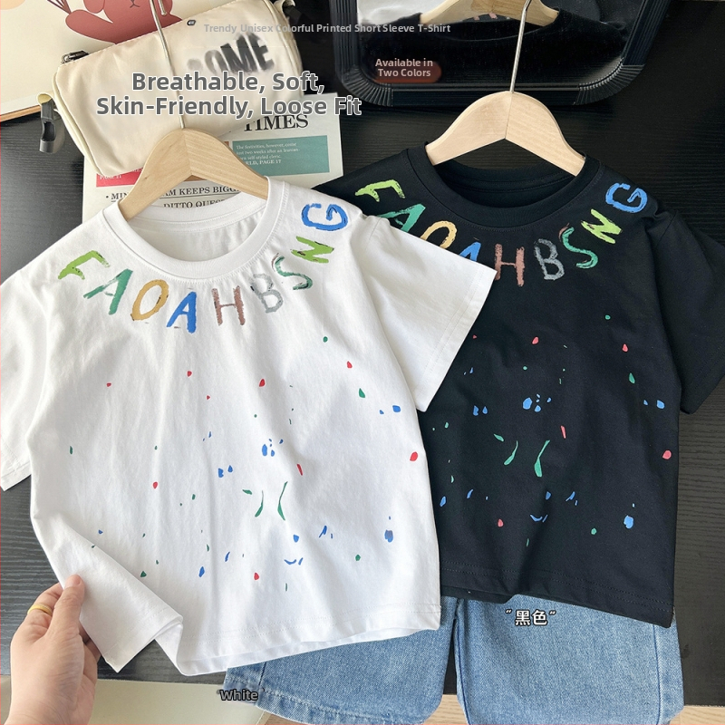 Tricou scurt pentru copii, alb, vară 2025, din bumbac ușor, imprimeu cu puncte colorate, evacuează umezeala, pentru copii 3–8 ani (100–140 cm)