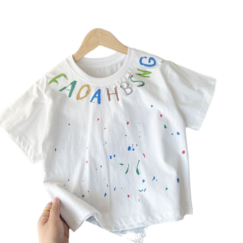 Tricou scurt pentru copii, alb, vară 2025, din bumbac ușor, imprimeu cu puncte colorate, evacuează umezeala, pentru copii 3–8 ani (100–140 cm)
