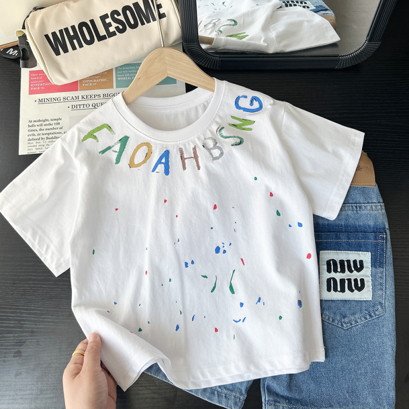 Tricou scurt pentru copii, alb, vară 2025, din bumbac ușor, imprimeu cu puncte colorate, evacuează umezeala, pentru copii 3–8 ani (100–140 cm)