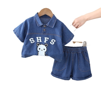 Set de vară pentru băieți din denim, imprimeu cu ursuleț, stil coreean, tricou cu mânecă scurtă și pantaloni scurți, 2025