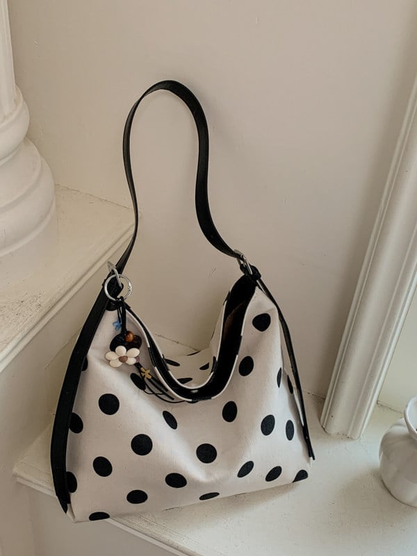 Geantă din pânză cu buline pentru femei, capacitate mare, stil minimalist, purtată pe umăr sau crossbody