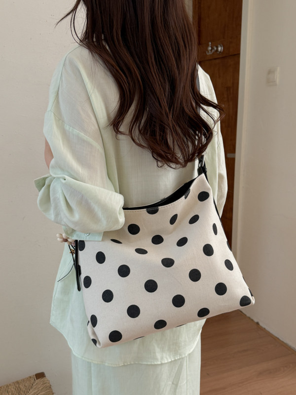 Geantă din pânză cu buline pentru femei, capacitate mare, stil minimalist, purtată pe umăr sau crossbody