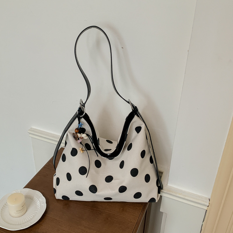 Geantă din pânză cu buline pentru femei, capacitate mare, stil minimalist, purtată pe umăr sau crossbody