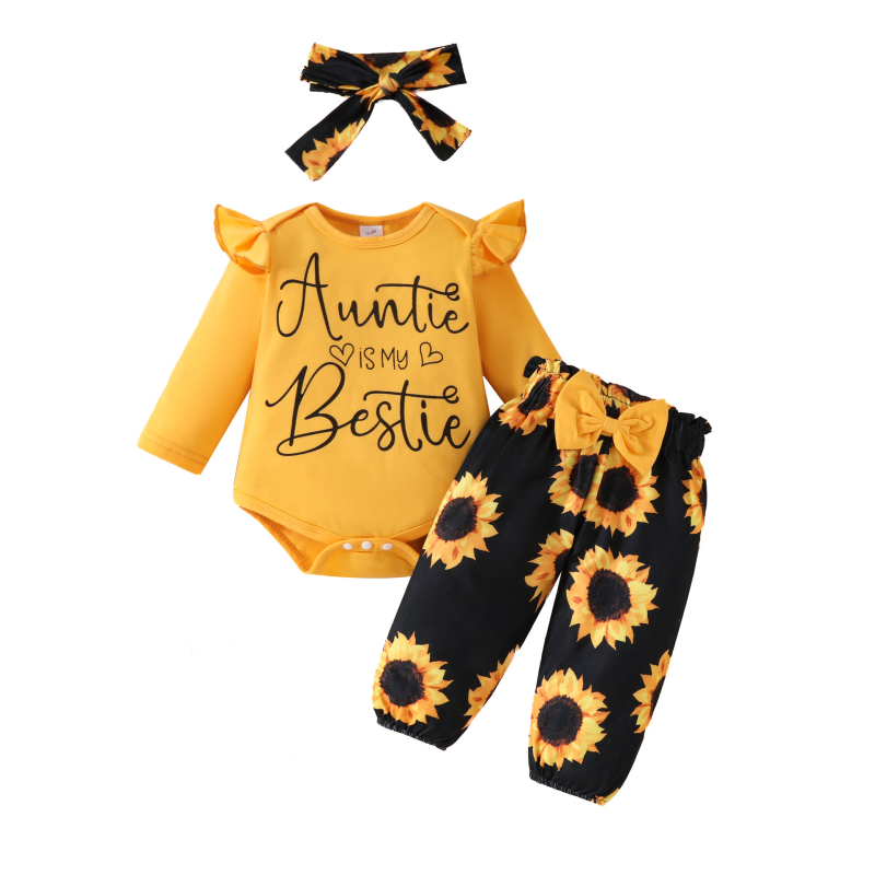 Set de 3 piese pentru fetițe: salopetă cu mâneci lungi în imprimeu floral, top și pantaloni