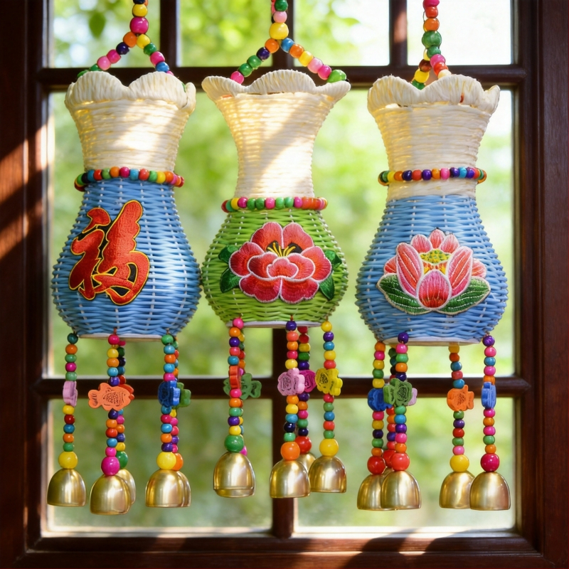 Clopoțe de vânt din bambus împletit, cu motiv coș de flori, cinci clopoței, decor pentru perete