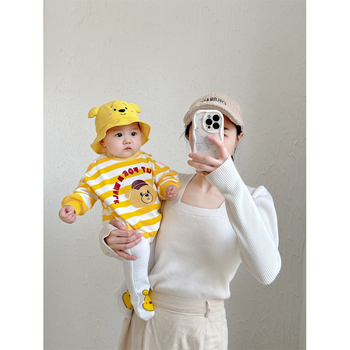 Rompers din bumbac pentru nou-născuți, cu dungi galbene și motiv ursuleț, set unisex de haine pentru bebeluși