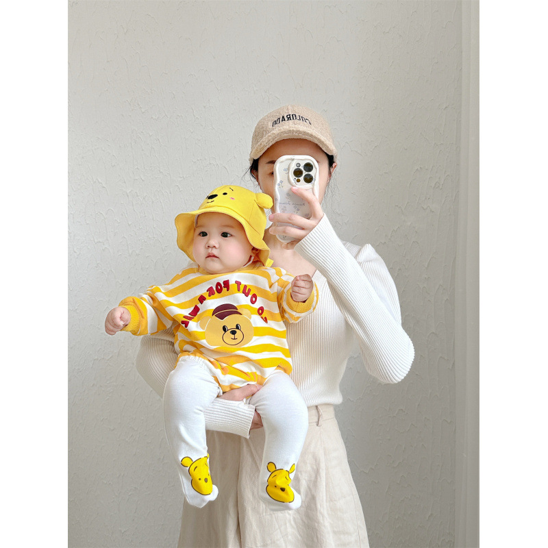 Rompers din bumbac pentru nou-născuți, cu dungi galbene și motiv ursuleț, set unisex de haine pentru bebeluși