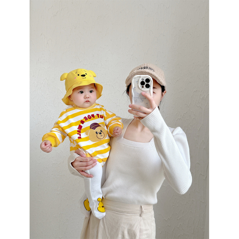 Rompers din bumbac pentru nou-născuți, cu dungi galbene și motiv ursuleț, set unisex de haine pentru bebeluși