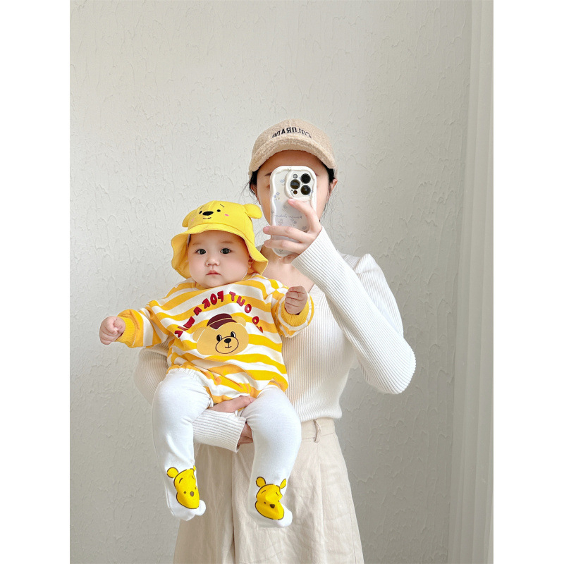 Rompers din bumbac pentru nou-născuți, cu dungi galbene și motiv ursuleț, set unisex de haine pentru bebeluși