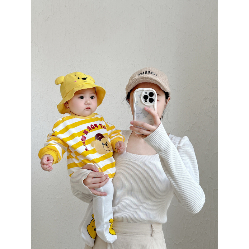 Rompers din bumbac pentru nou-născuți, cu dungi galbene și motiv ursuleț, set unisex de haine pentru bebeluși