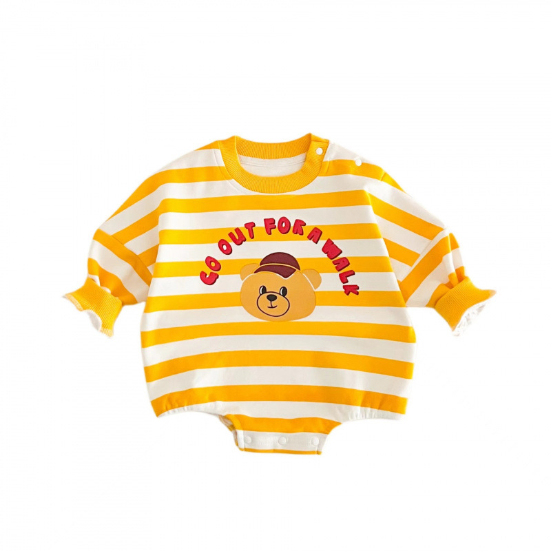 Rompers din bumbac pentru nou-născuți, cu dungi galbene și motiv ursuleț, set unisex de haine pentru bebeluși