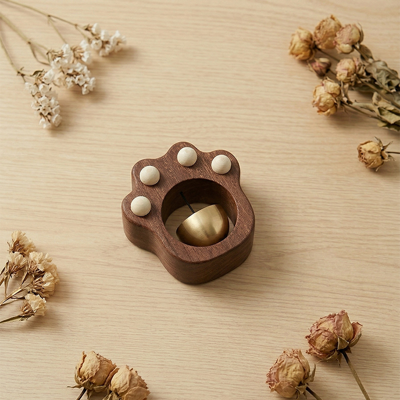 Zvon de ușă magnetic în formă de labă de pisică dopamină, din lemn de nuc cu clopot de cupru – decor pentru frigider
