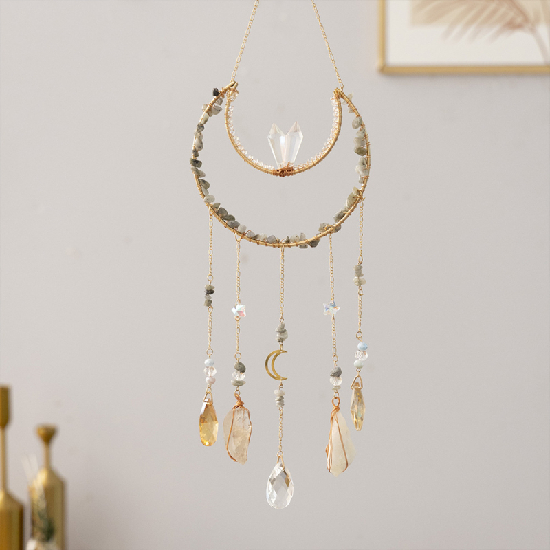 Piatră naturală premium, far de soare cu Copacul Vieții și dreamcatcher, pandantiv cu clopot de vânt