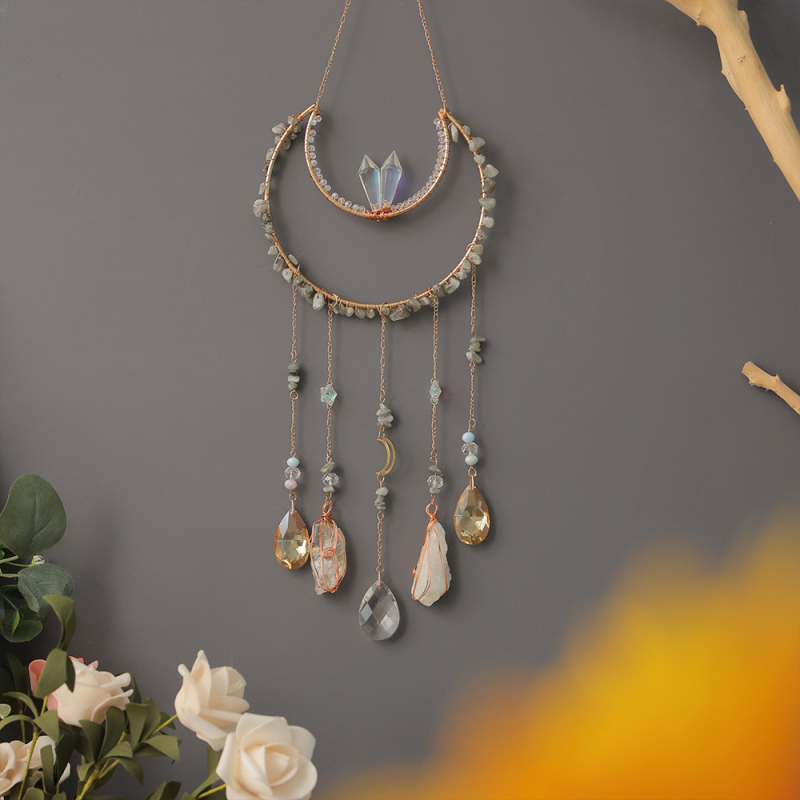 Piatră naturală premium, far de soare cu Copacul Vieții și dreamcatcher, pandantiv cu clopot de vânt