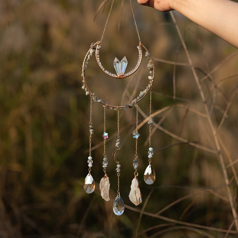 Piatră naturală premium, far de soare cu Copacul Vieții și dreamcatcher, pandantiv cu clopot de vânt