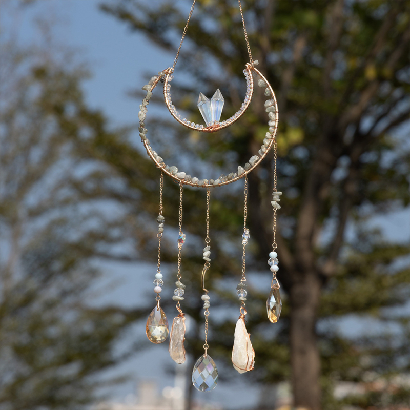 Piatră naturală premium, far de soare cu Copacul Vieții și dreamcatcher, pandantiv cu clopot de vânt