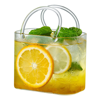 Pahar din sticlă în formă de geantă pentru băuturi: sucuri, ceai cu lapte și cocktailuri, transparent, rezistent la căldură, vară