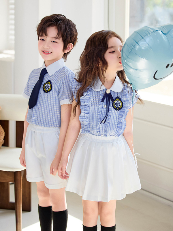 Uniformă școlară britanică de vară pentru învățământul primar și grădiniță, set din două piese cu mâneci scurte și pantaloni, unisex, pentru reprezentații și activități școlare