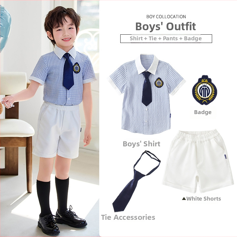 Uniformă școlară britanică de vară pentru învățământul primar și grădiniță, set din două piese cu mâneci scurte și pantaloni, unisex, pentru reprezentații și activități școlare
