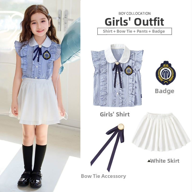 Uniformă școlară britanică de vară pentru învățământul primar și grădiniță, set din două piese cu mâneci scurte și pantaloni, unisex, pentru reprezentații și activități școlare