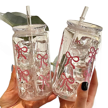 Pahar din sticla cu pai si capac, stil Instagram, capacitate mare, transparent si portabil pentru milk tea