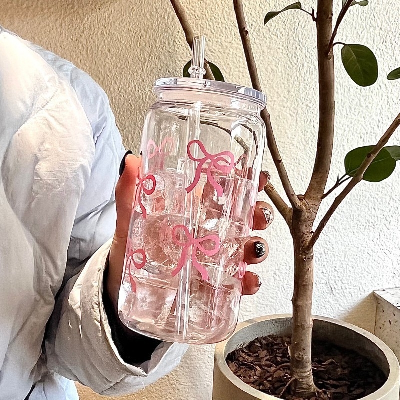 Pahar din sticla cu pai si capac, stil Instagram, capacitate mare, transparent si portabil pentru milk tea