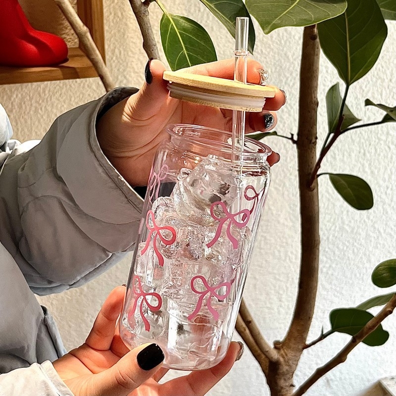 Pahar din sticla cu pai si capac, stil Instagram, capacitate mare, transparent si portabil pentru milk tea