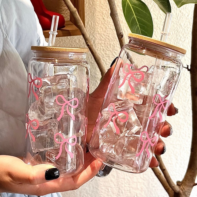 Pahar din sticla cu pai si capac, stil Instagram, capacitate mare, transparent si portabil pentru milk tea
