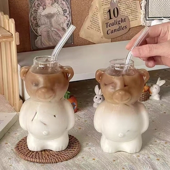 Ceașă din sticlă în formă de urs, pentru cafea, ceașă drăguță desen animat, ceașcă creativă de apă cu pai, pentru suc și ceai cu lapte