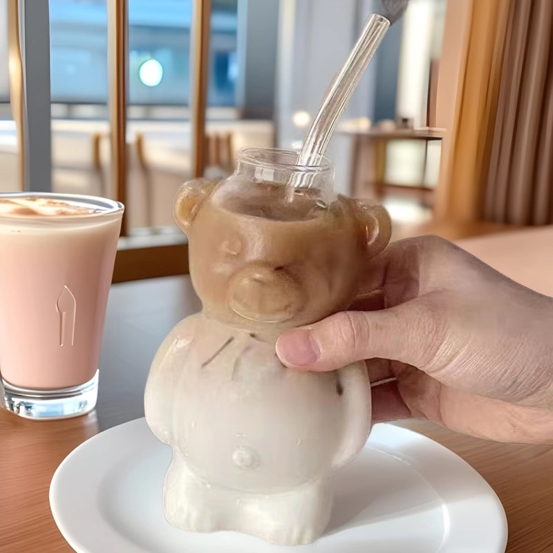 Ceașă din sticlă în formă de urs, pentru cafea, ceașă drăguță desen animat, ceașcă creativă de apă cu pai, pentru suc și ceai cu lapte